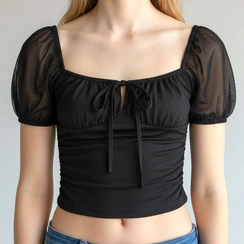 Elodie Black Ruched Tie-Neck Puff Sleeve Crop Top Size XS - Picture 1 of 6